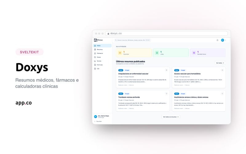 Acervo do Doxys com os últimos resumos clínicos publicados, cada um com especialidade e código CID, e o menu de fármacos, doses, scores, fórmulas e CID